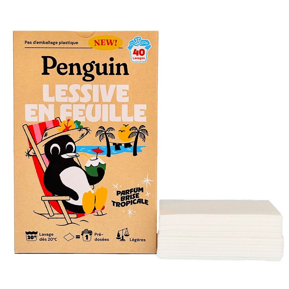 Packshot avant de la feuille de lessive marque penguin avec la feuille exposé à côté – montre visuellement le contenu et la texture.